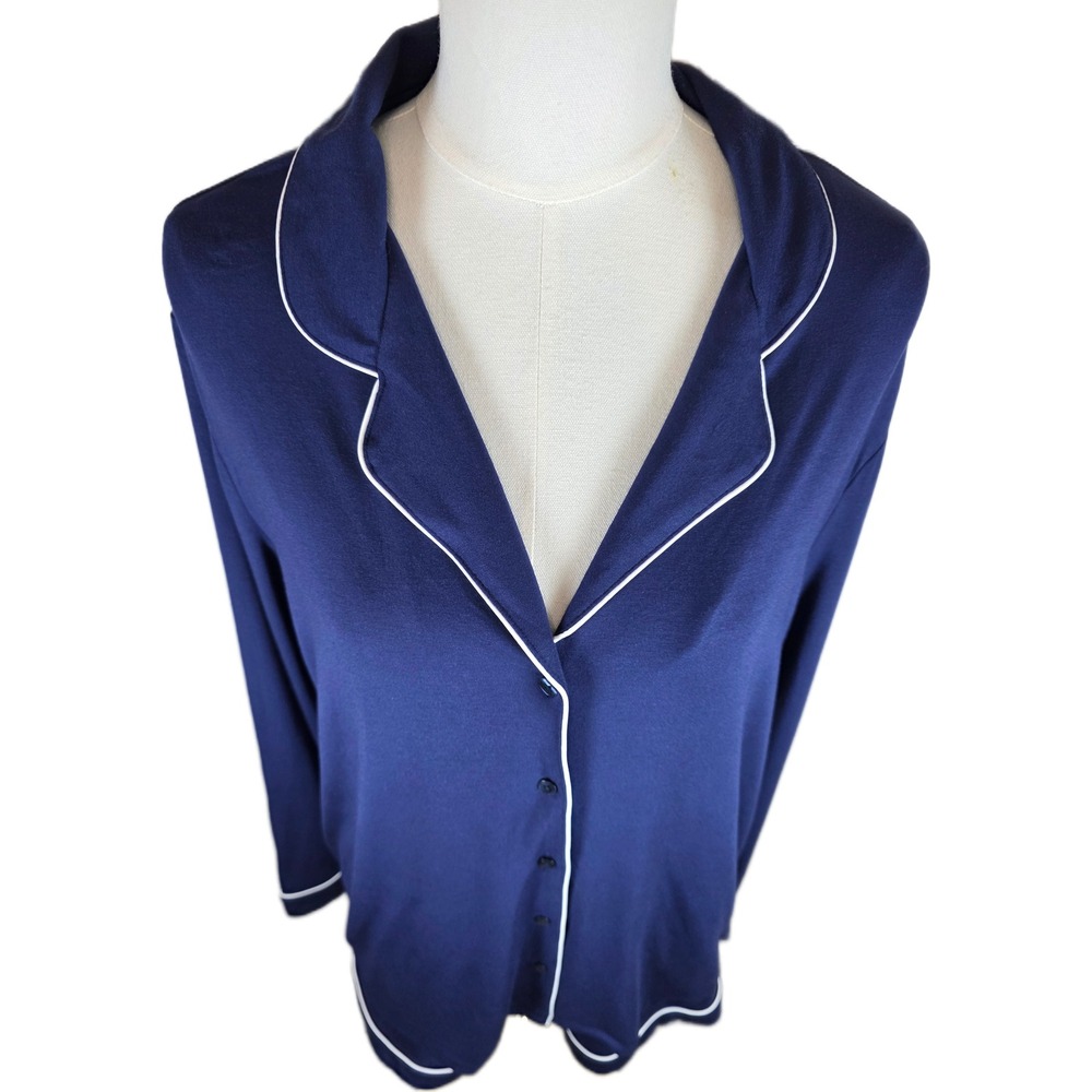 Nordstrom Pajama Shorts Set Blue w/White Piping Tencel Modal Long Sleeve - Picture 3 of 9